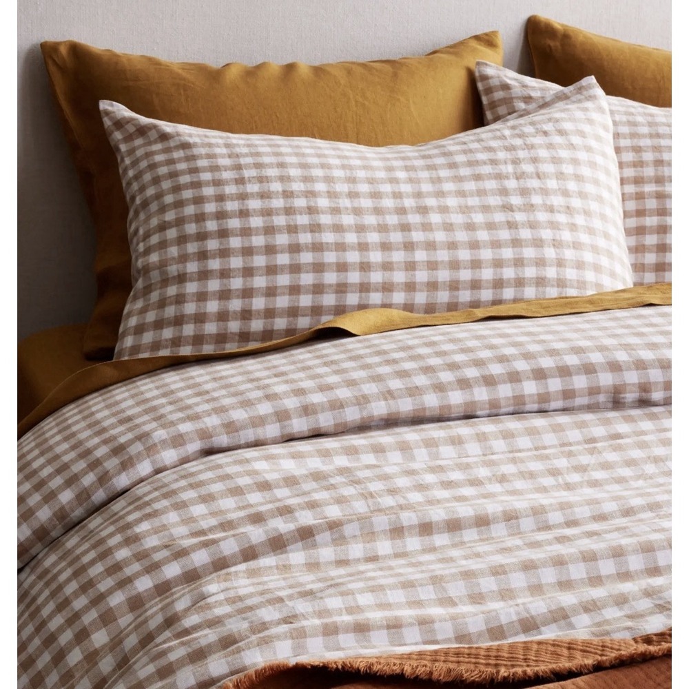 Quince European 100% Linen Duvet Deluxe Set Cafe White Gingham Twin